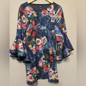 PAPILLON Vibrant Floral Knit Dress, 3/4 Flared Bell Sleeves